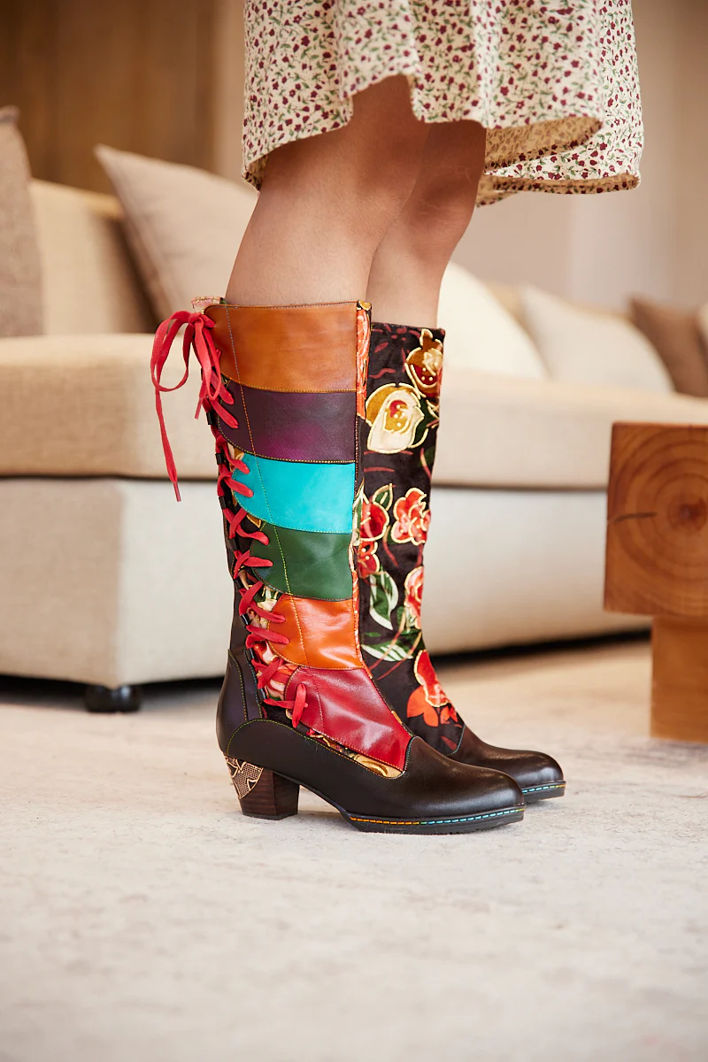 Soffia | Delora Floral Contrast Stripe Wide Calf Leather Knee High Boots - Image 2
