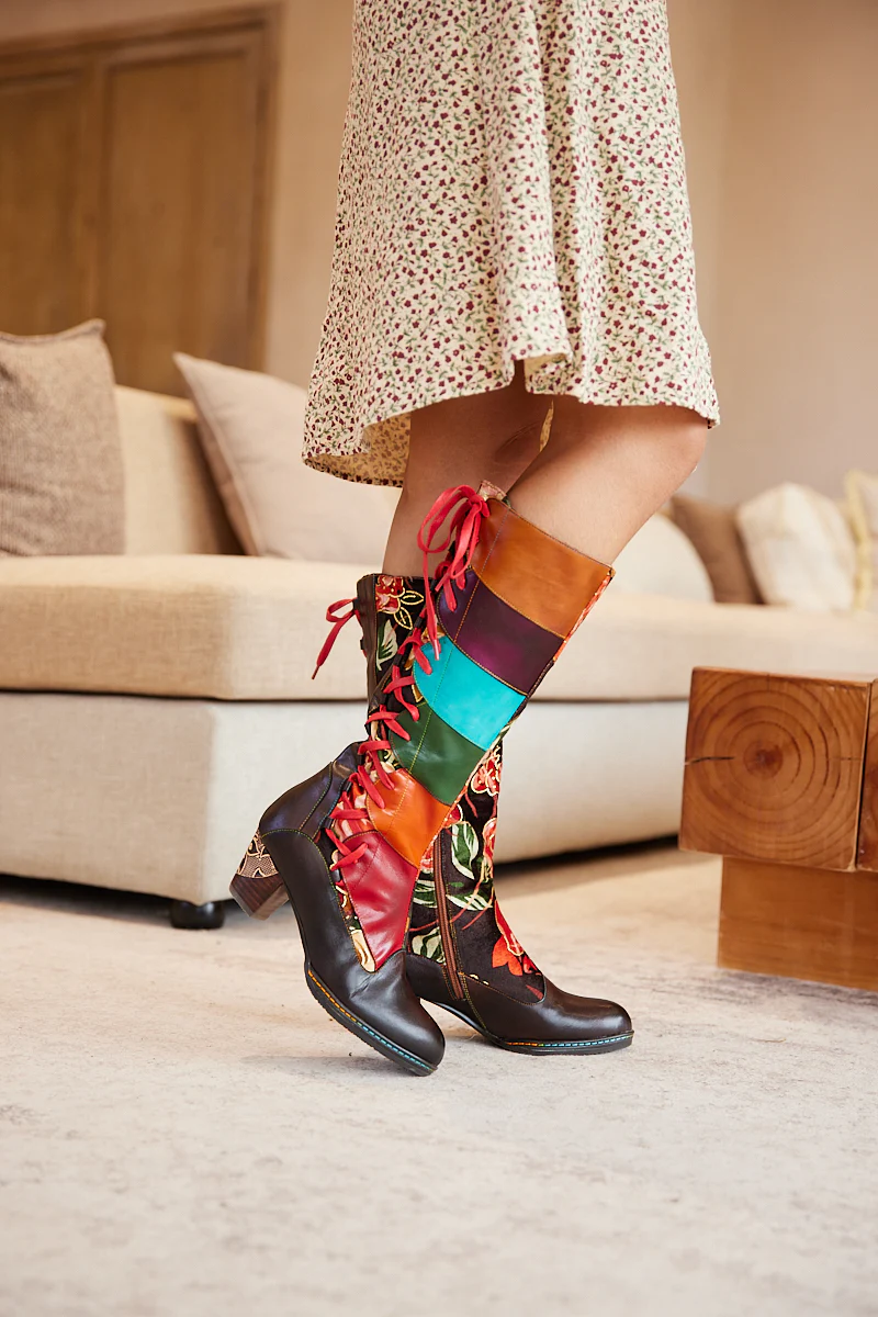 Soffia | Delora Floral Contrast Stripe Wide Calf Leather Knee High Boots - Image 3