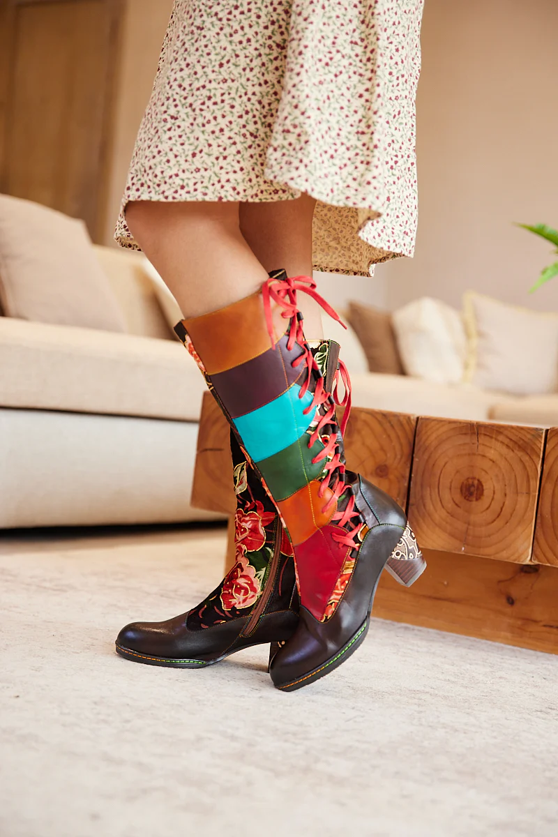 Soffia | Delora Floral Contrast Stripe Wide Calf Leather Knee High Boots - Image 4