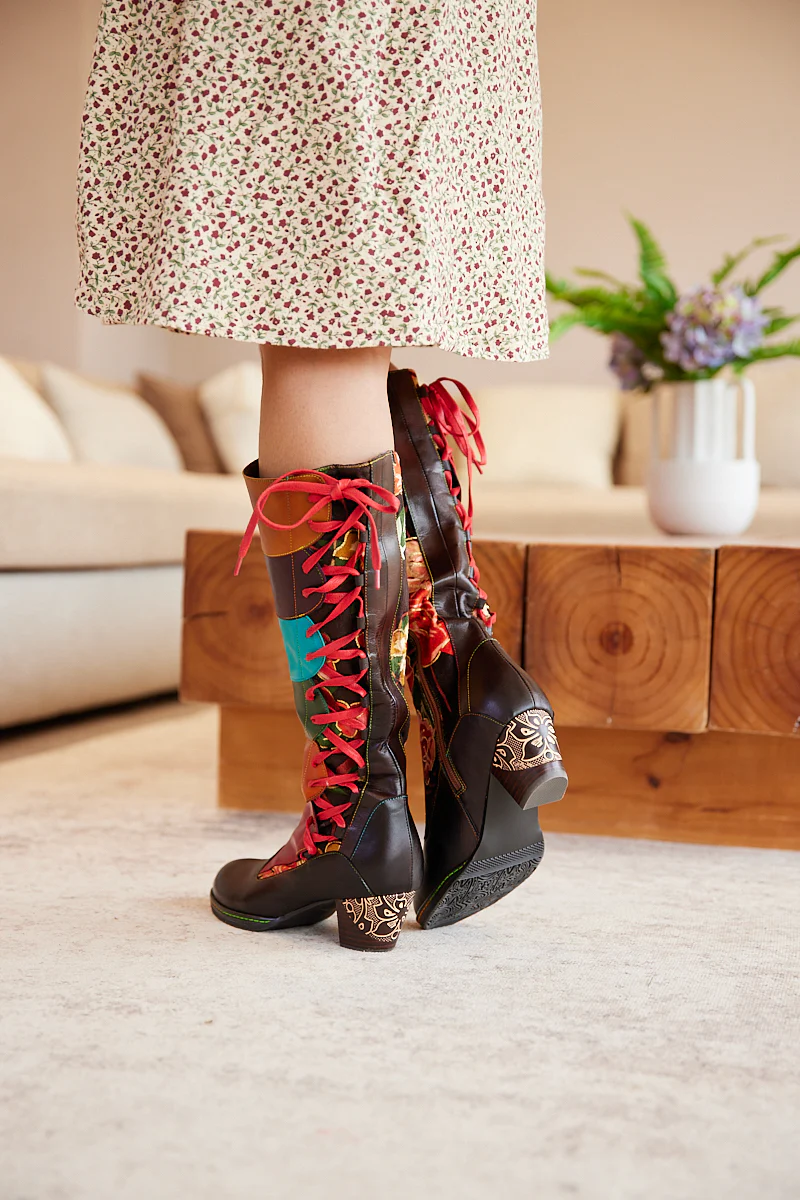 Soffia | Delora Floral Contrast Stripe Wide Calf Leather Knee High Boots - Image 5