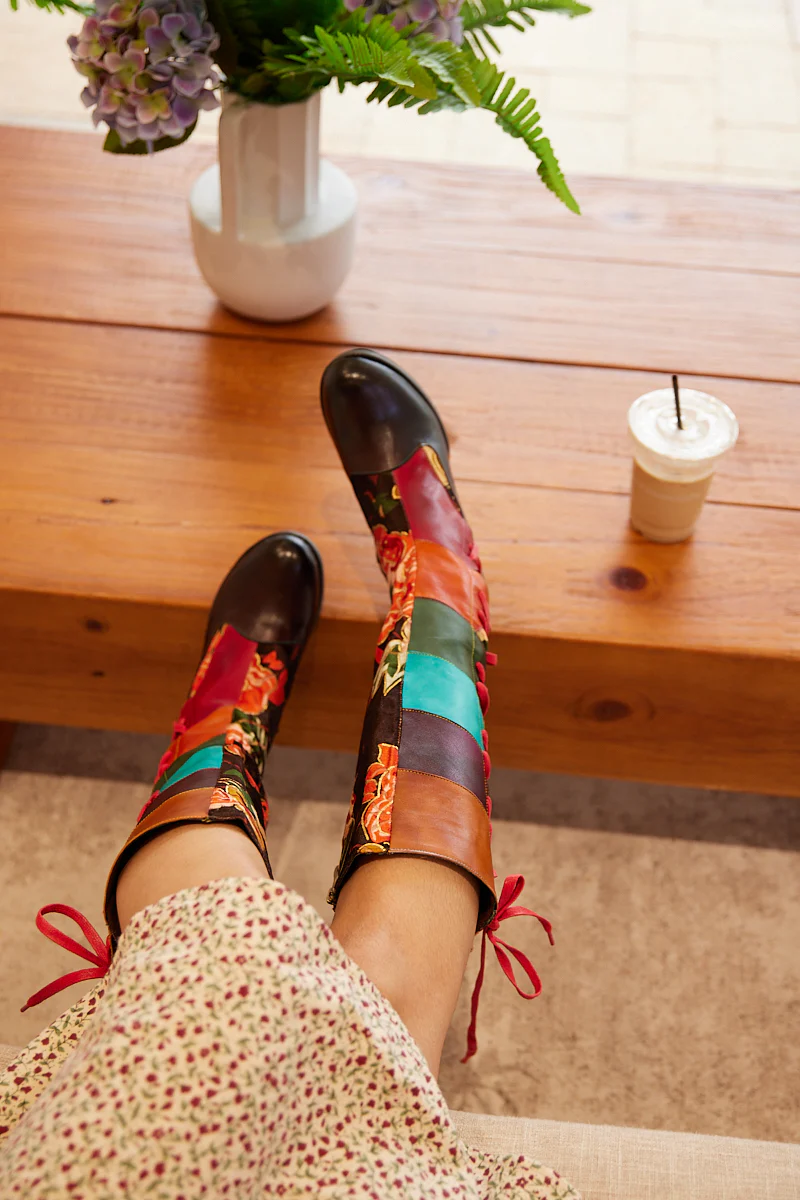 Soffia | Delora Floral Contrast Stripe Wide Calf Leather Knee High Boots - Image 6