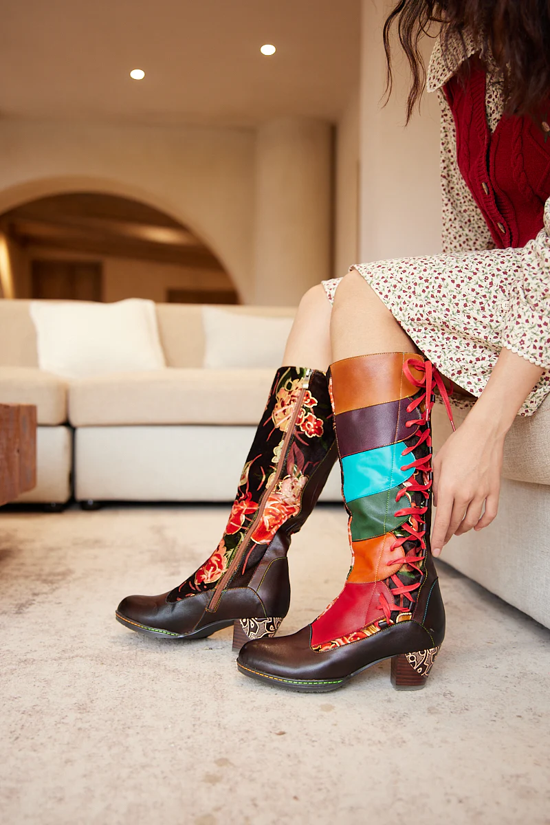 Soffia | Delora Floral Contrast Stripe Wide Calf Leather Knee High Boots - Image 7