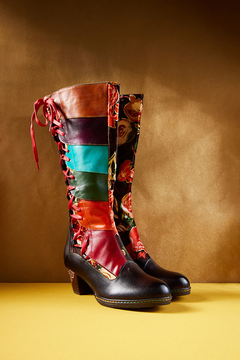 Soffia | Delora Floral Contrast Stripe Wide Calf Leather Knee High Boots - Image 8