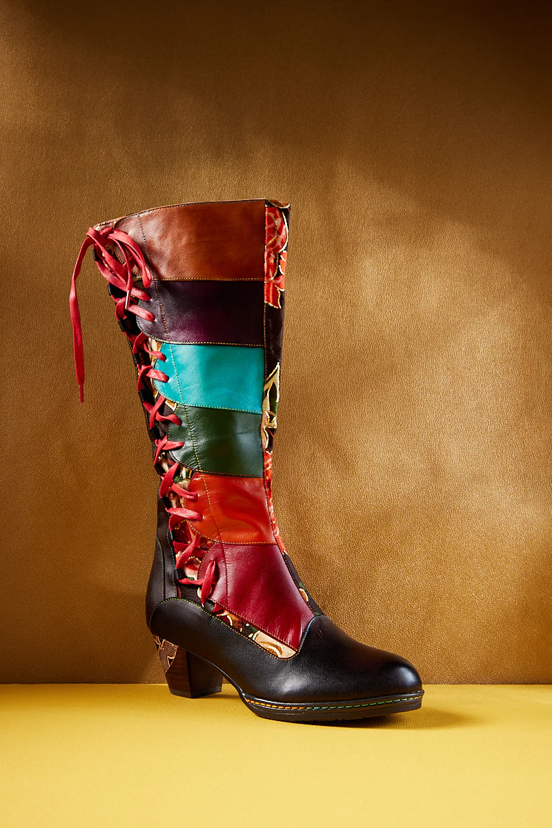 Soffia | Delora Floral Contrast Stripe Wide Calf Leather Knee High Boots - Image 9