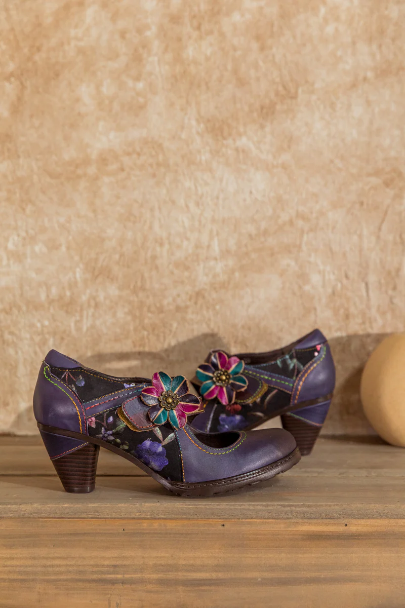 SOFFIA | Eggplant Flower Appliqued Leather Mary Jane - Image 2