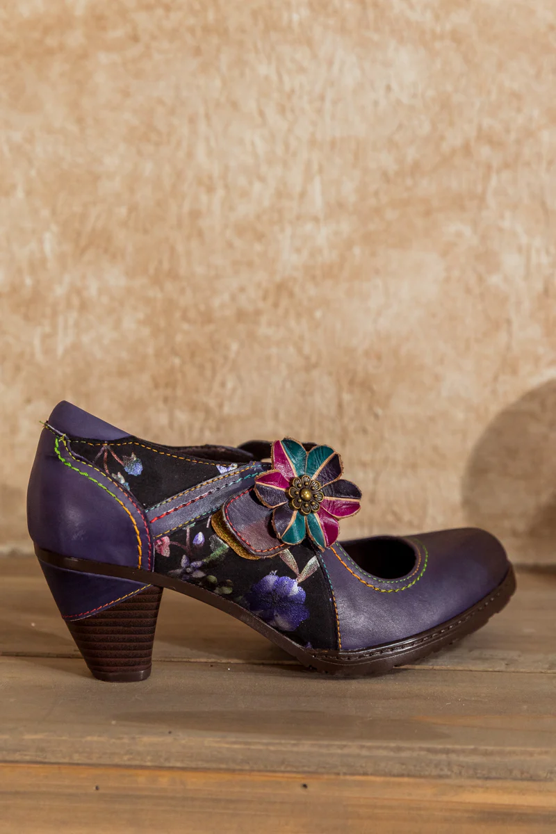 SOFFIA | Eggplant Flower Appliqued Leather Mary Jane - Image 3