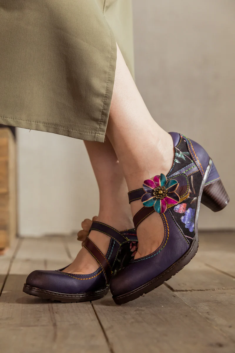 SOFFIA | Eggplant Flower Appliqued Leather Mary Jane - Image 7