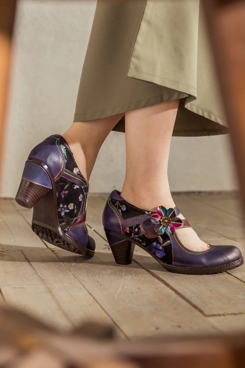 SOFFIA | Eggplant Flower Appliqued Leather Mary Jane - Image 8
