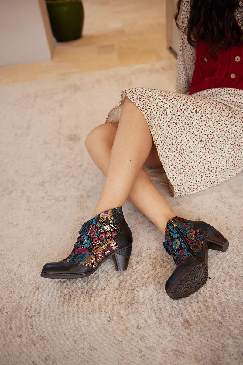 Soffia | Emeline Floral Embossed Leather Oxford Boots - Image 3