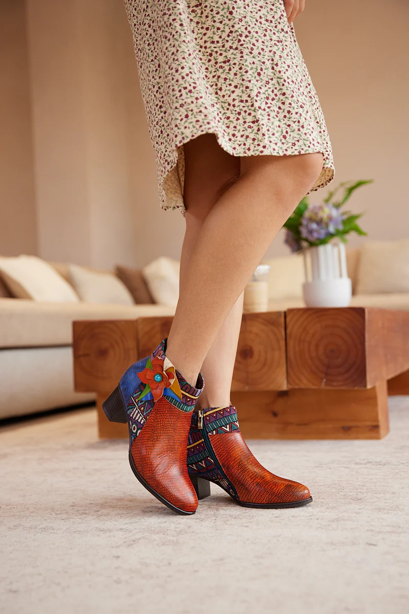 Soffia | Evanie Floral Applique Leather Ankle Boots - Image 3