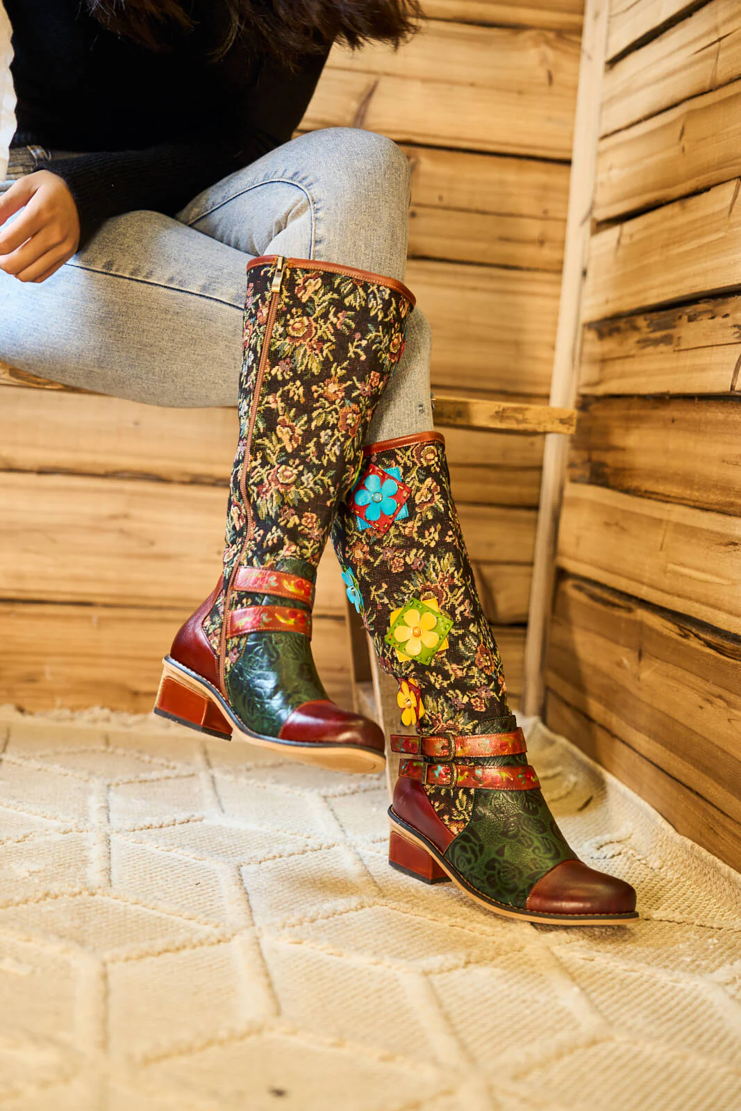 Soffia | Falling Petals Floral Knee-High Leather Boots - Image 3