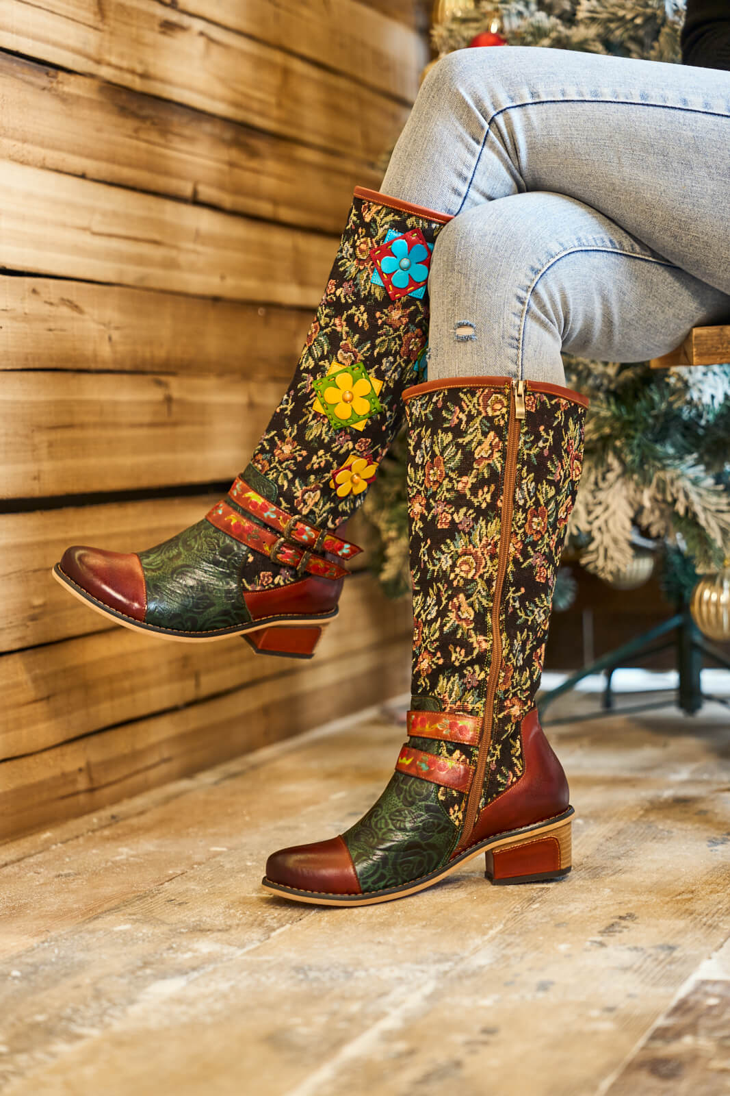 Soffia | Falling Petals Floral Knee-High Leather Boots - Image 4