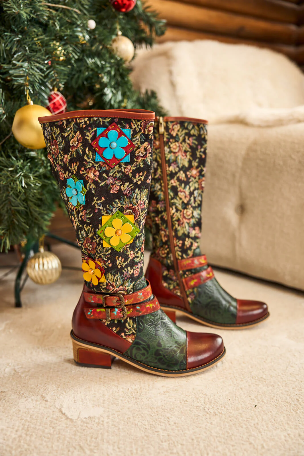 Soffia | Falling Petals Floral Knee-High Leather Boots - Image 9