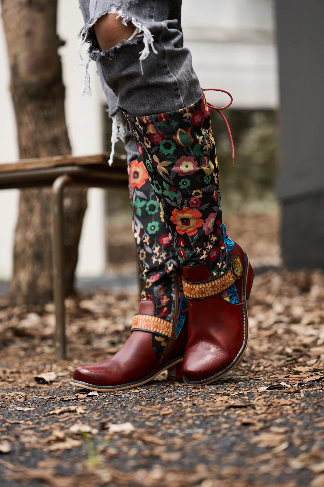 Soffia | Field Dreams Floral Jacquard Leather Knee-High Boots - Image 4