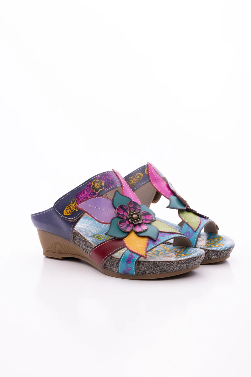 SOFFIA | FLOR DE PARAISO LEATHER WEDGE SANDAL - NAVY - Image 11