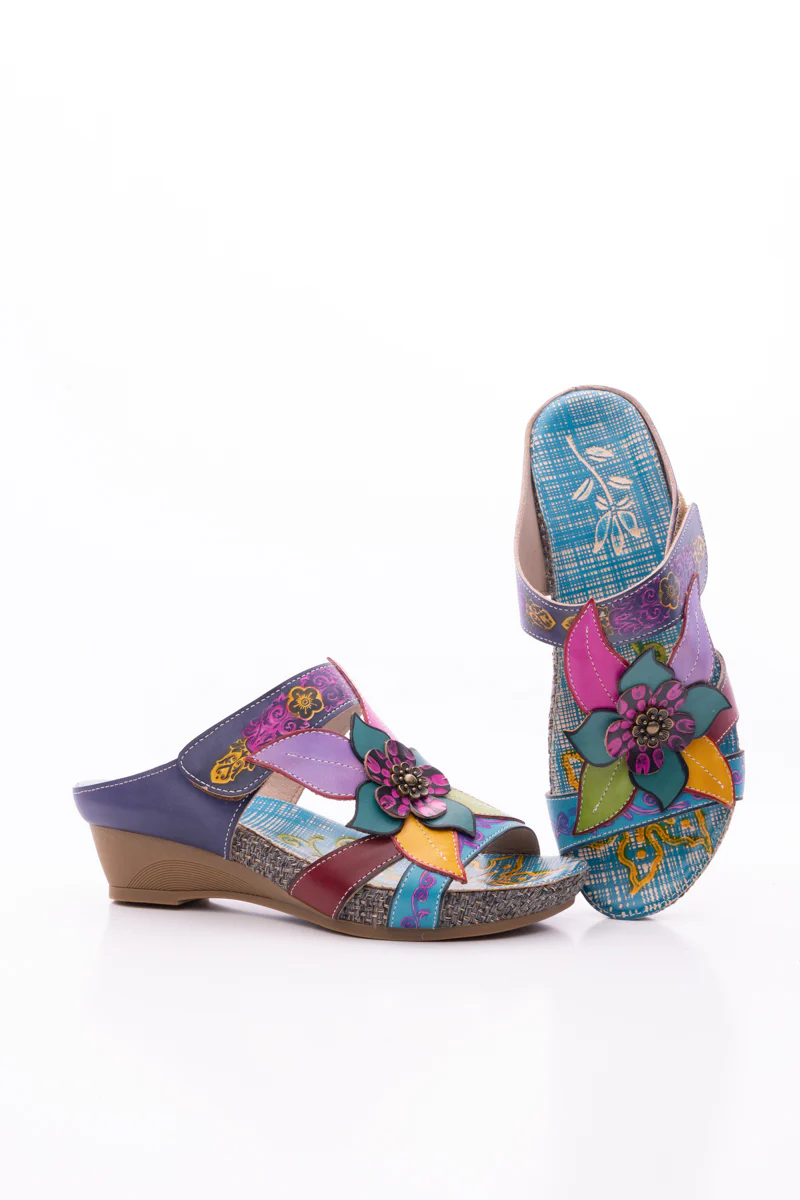 SOFFIA | FLOR DE PARAISO LEATHER WEDGE SANDAL - NAVY - Image 12