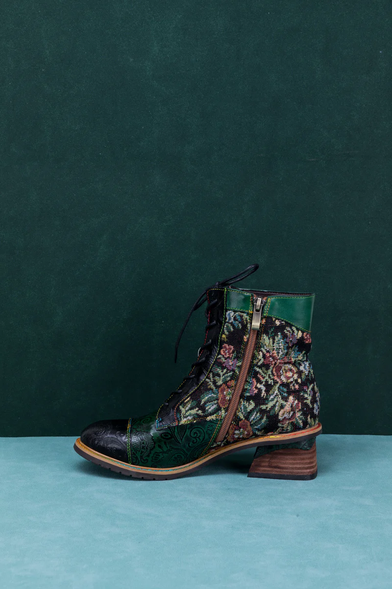 SOFFIA | FLORAL APPLIQUED LACE UP LEATHER ANKLE BOOT - Image 10