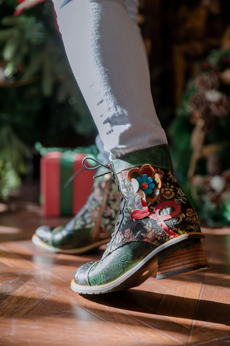 SOFFIA | FLORAL APPLIQUED LACE UP LEATHER ANKLE BOOT - Image 3