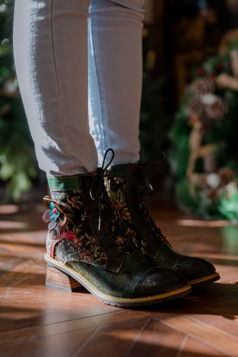 SOFFIA | FLORAL APPLIQUED LACE UP LEATHER ANKLE BOOT - Image 4