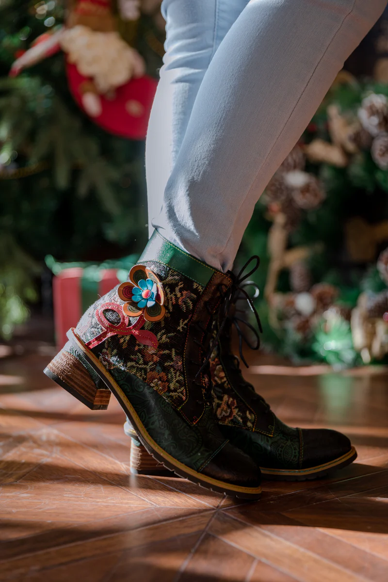 SOFFIA | FLORAL APPLIQUED LACE UP LEATHER ANKLE BOOT - Image 5