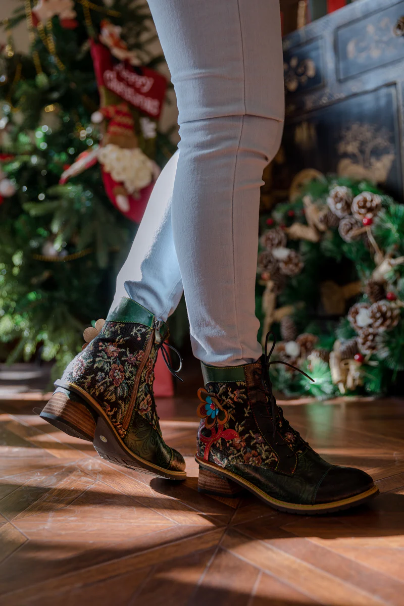 SOFFIA | FLORAL APPLIQUED LACE UP LEATHER ANKLE BOOT - Image 6