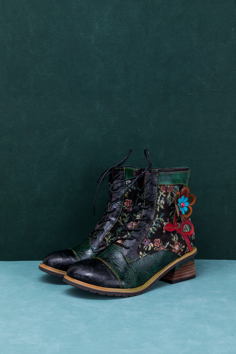 SOFFIA | FLORAL APPLIQUED LACE UP LEATHER ANKLE BOOT - Image 7