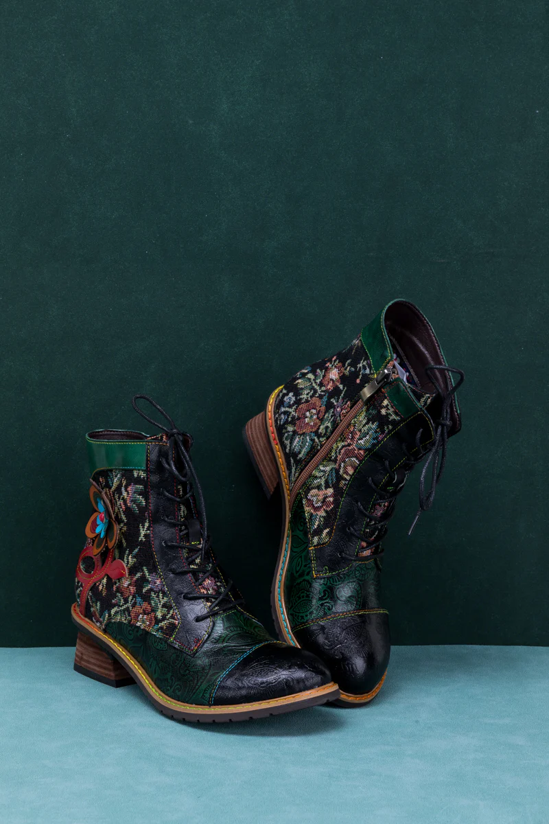 SOFFIA | FLORAL APPLIQUED LACE UP LEATHER ANKLE BOOT - Image 8