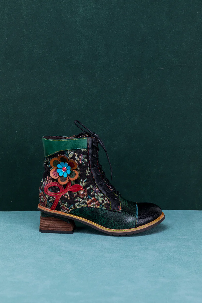 SOFFIA | FLORAL APPLIQUED LACE UP LEATHER ANKLE BOOT - Image 9