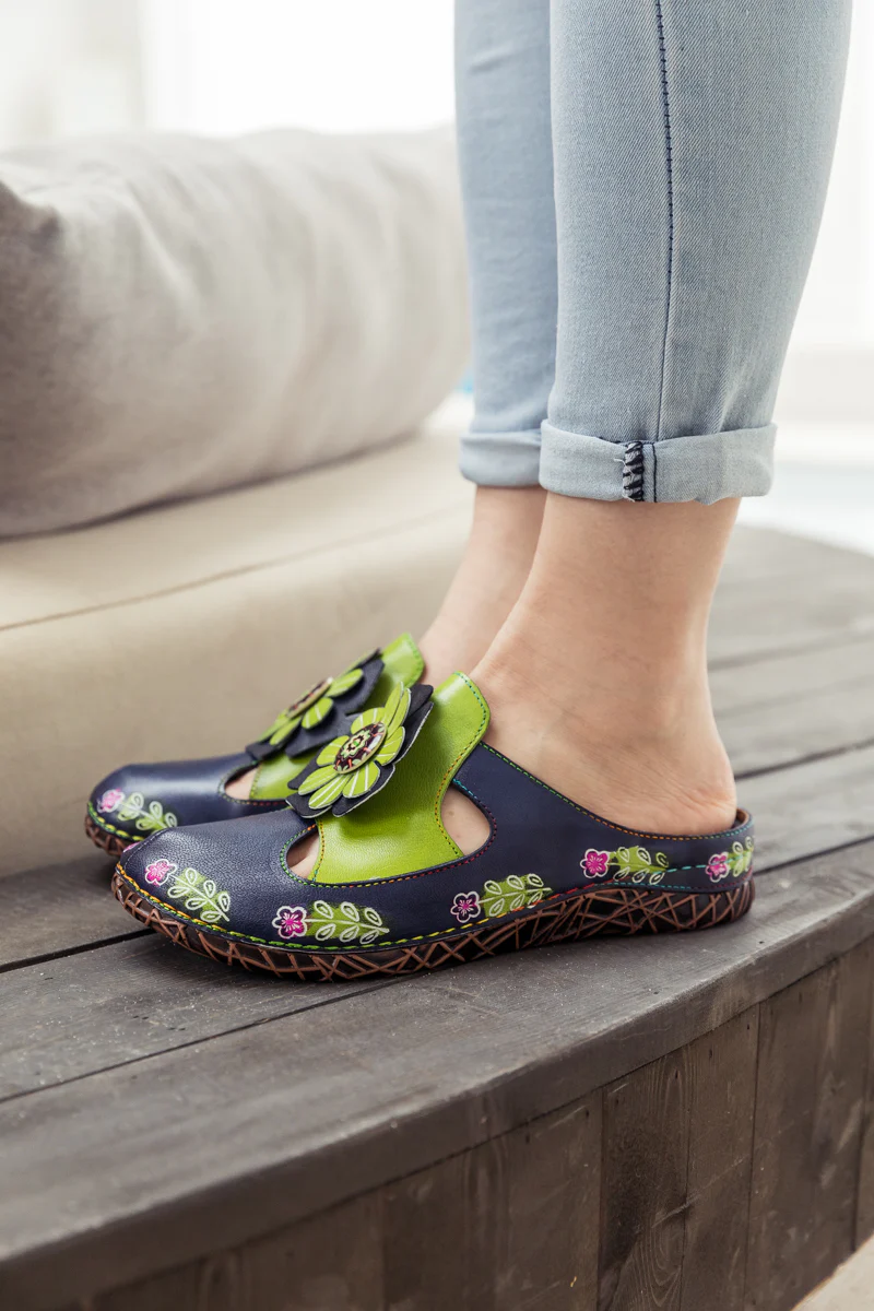 SOFFIA | Floral Appliqued Cut-Out Leather Sandal - Navy - Image 3