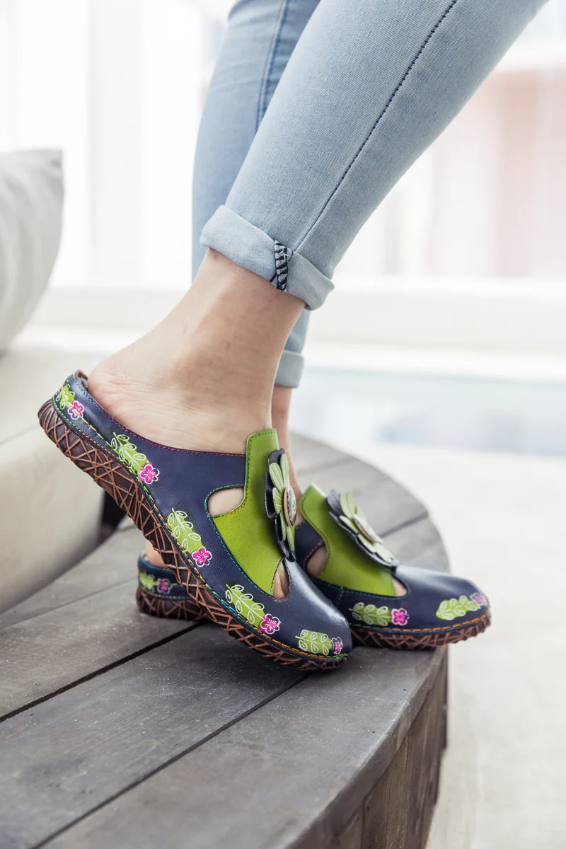 SOFFIA | Floral Appliqued Cut-Out Leather Sandal - Navy - Image 4