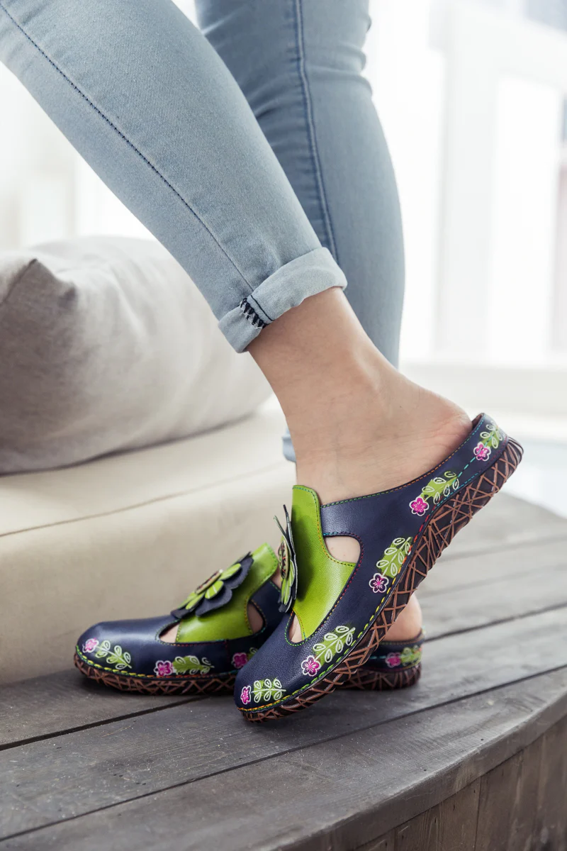 SOFFIA | Floral Appliqued Cut-Out Leather Sandal - Navy - Image 5