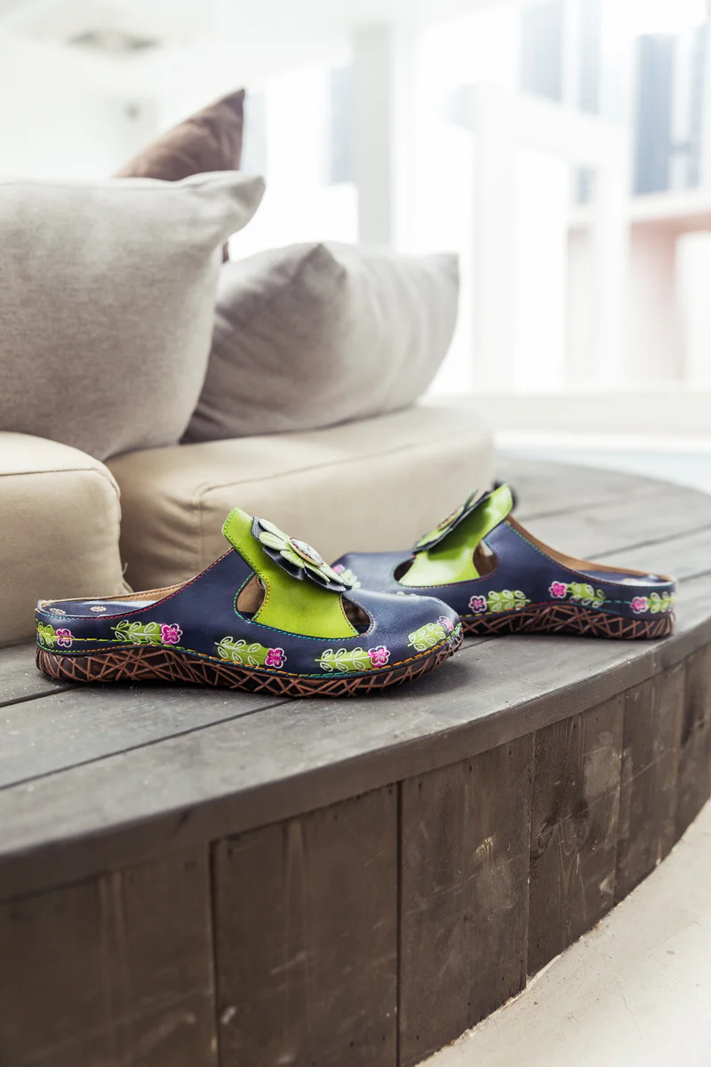 SOFFIA | Floral Appliqued Cut-Out Leather Sandal - Navy - Image 6