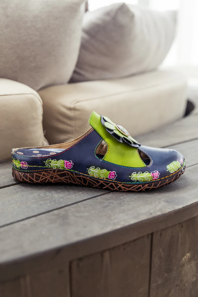 SOFFIA | Floral Appliqued Cut-Out Leather Sandal - Navy - Image 7