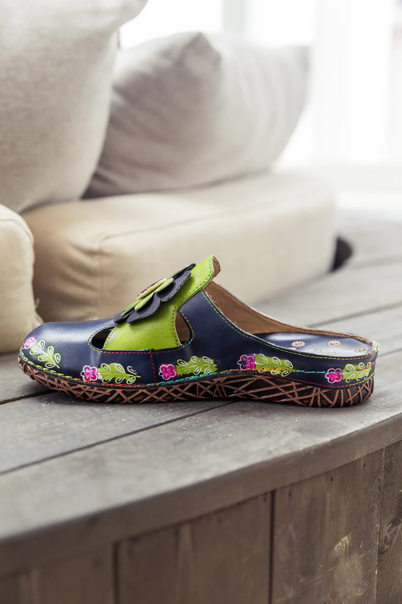 SOFFIA | Floral Appliqued Cut-Out Leather Sandal - Navy - Image 8