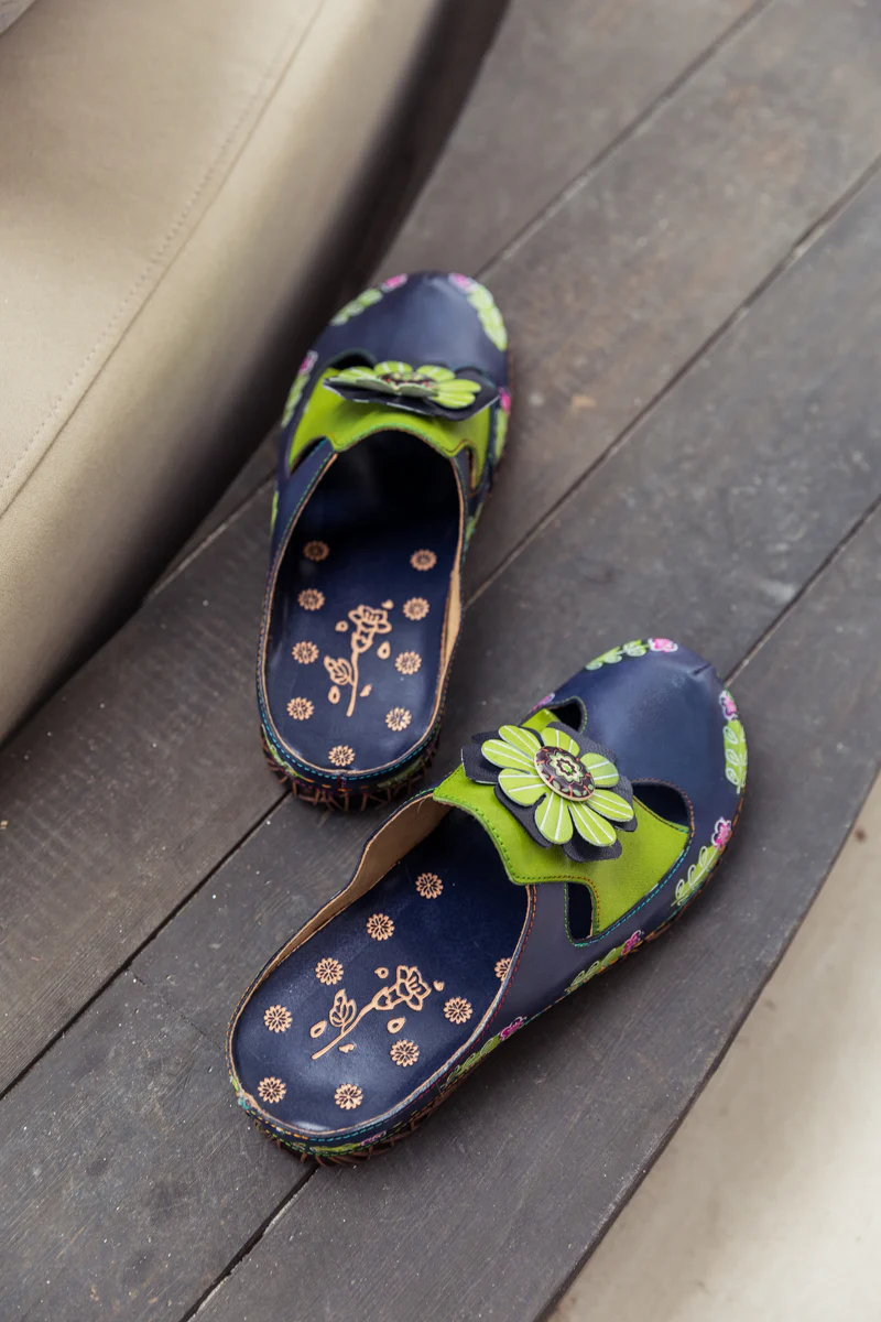 SOFFIA | Floral Appliqued Cut-Out Leather Sandal - Navy - Image 9