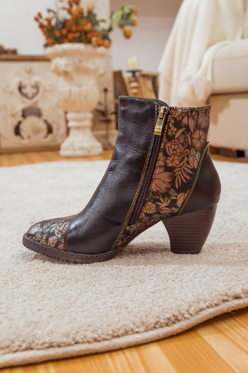 SOFFIA | FLORAL BUTTON-ACCENT BLACK LEATHER ANKLE BOOT - Image 10