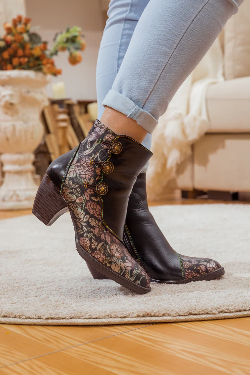 SOFFIA | FLORAL BUTTON-ACCENT BLACK LEATHER ANKLE BOOT - Image 2