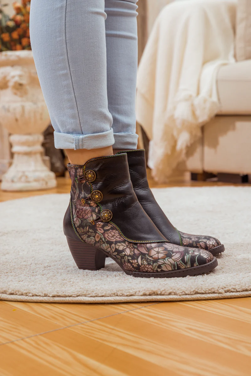 SOFFIA | FLORAL BUTTON-ACCENT BLACK LEATHER ANKLE BOOT - Image 3