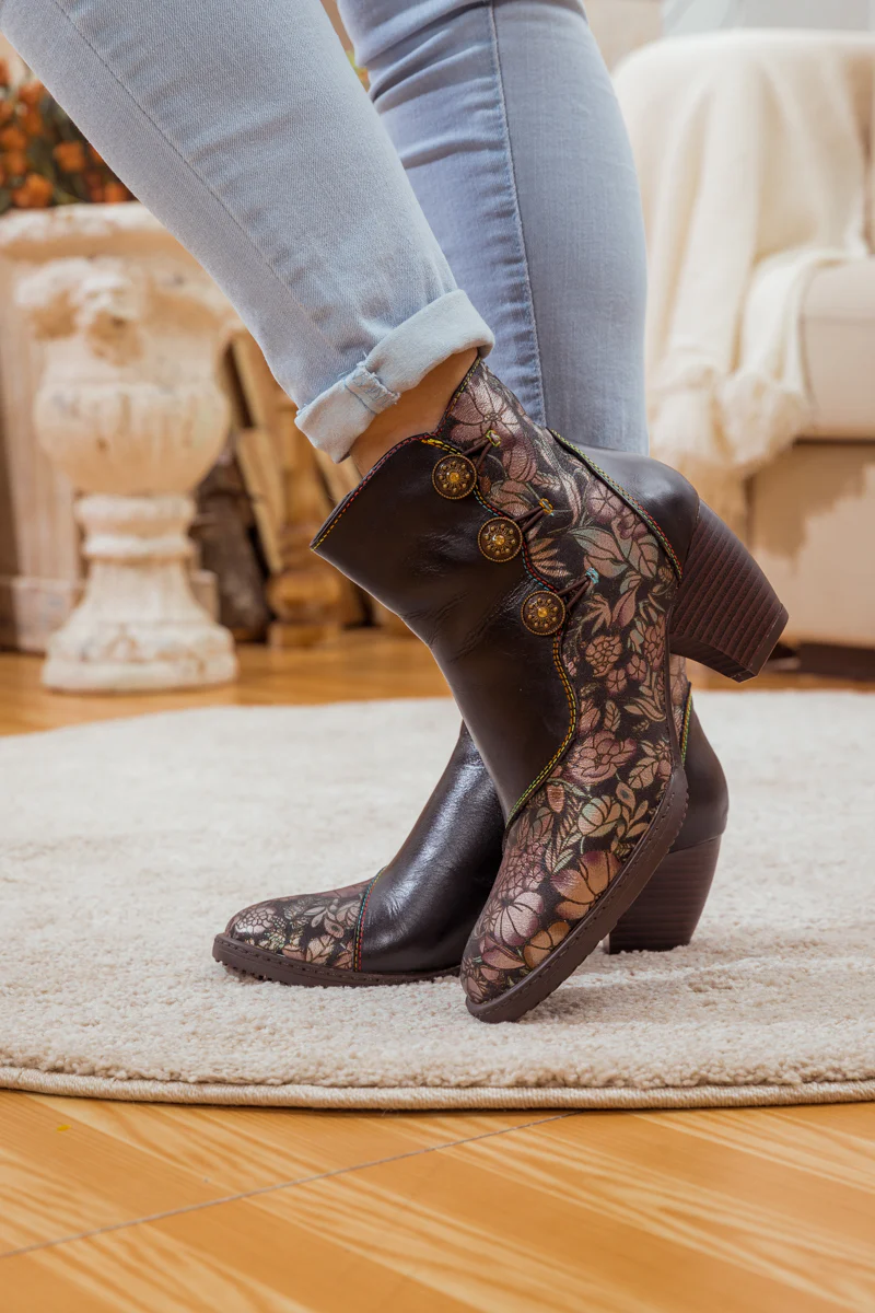 SOFFIA | FLORAL BUTTON-ACCENT BLACK LEATHER ANKLE BOOT - Image 4