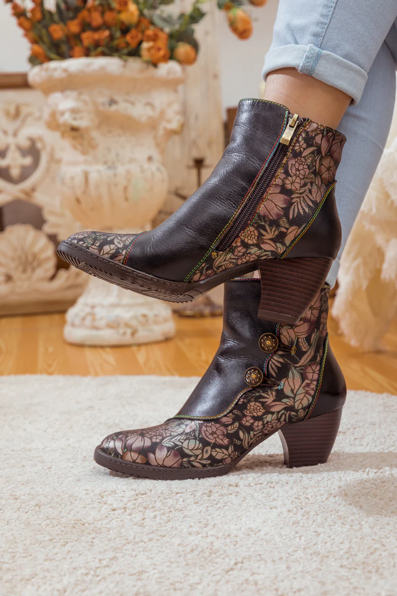 SOFFIA | FLORAL BUTTON-ACCENT BLACK LEATHER ANKLE BOOT - Image 5