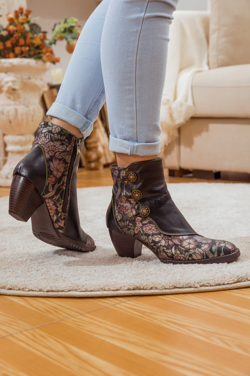 SOFFIA | FLORAL BUTTON-ACCENT BLACK LEATHER ANKLE BOOT - Image 6