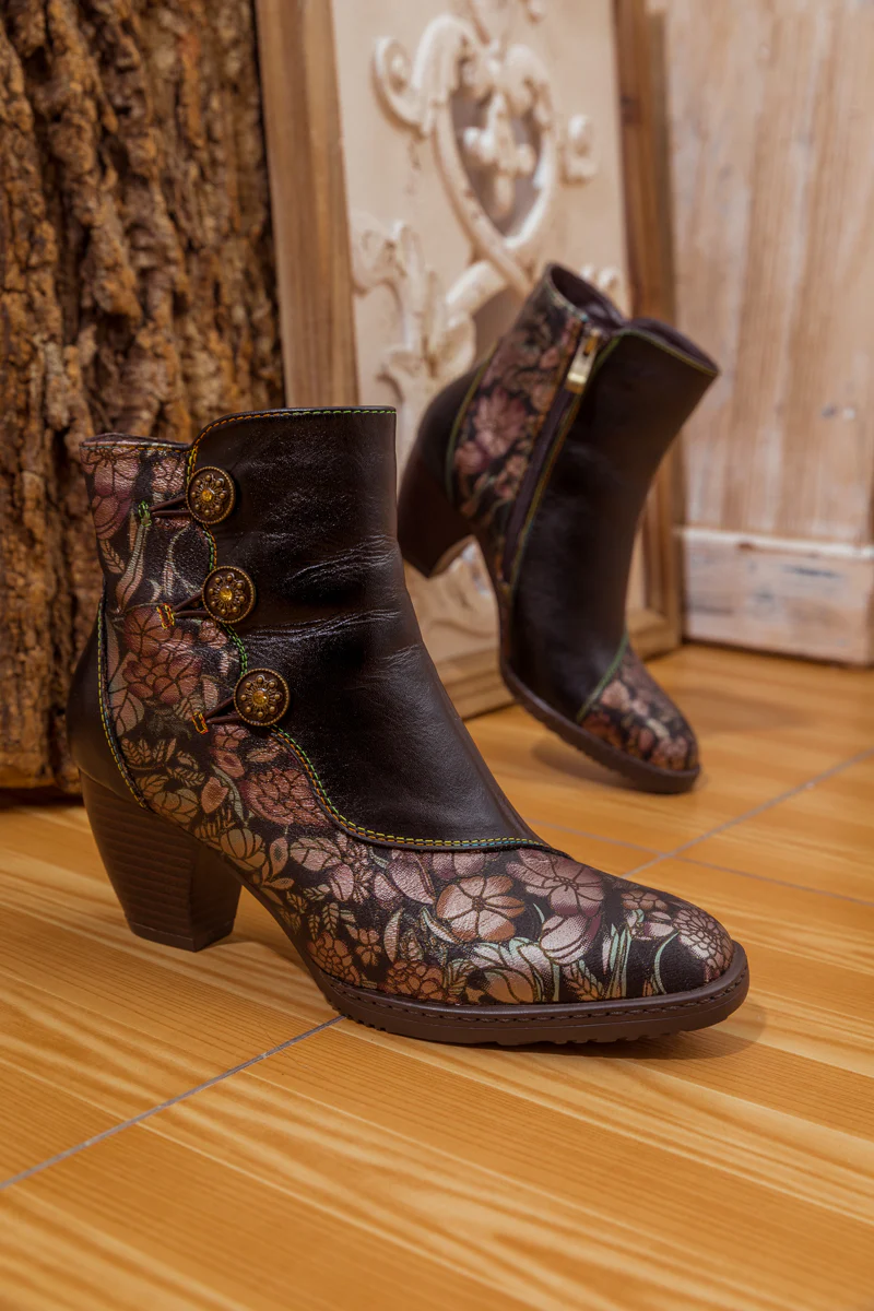 SOFFIA | FLORAL BUTTON-ACCENT BLACK LEATHER ANKLE BOOT - Image 7