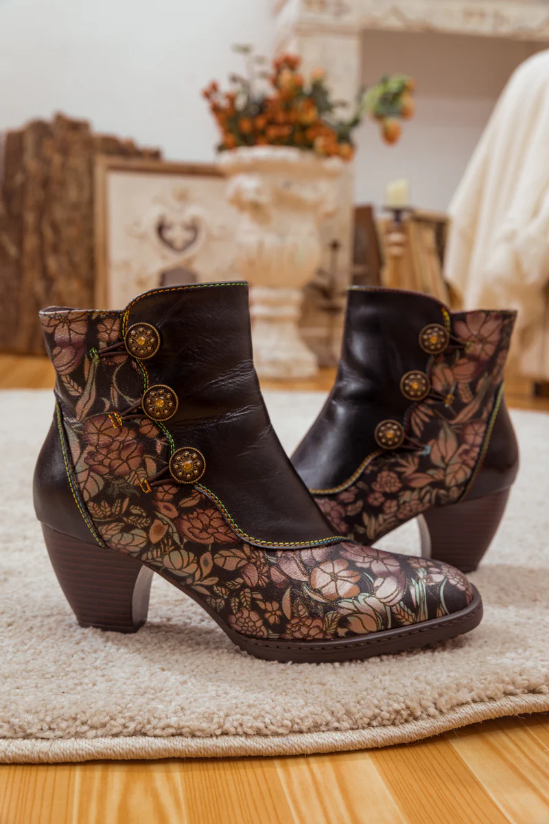 SOFFIA | FLORAL BUTTON-ACCENT BLACK LEATHER ANKLE BOOT - Image 8