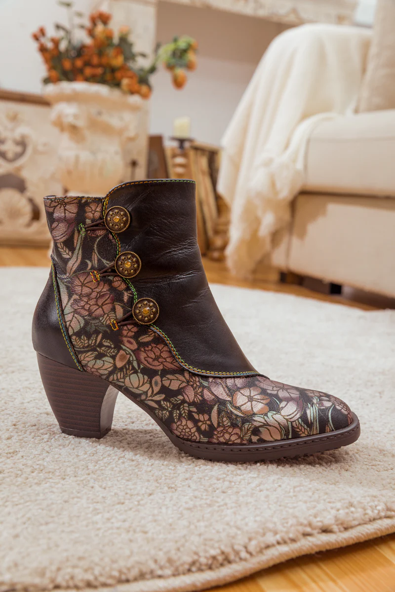 SOFFIA | FLORAL BUTTON-ACCENT BLACK LEATHER ANKLE BOOT - Image 9