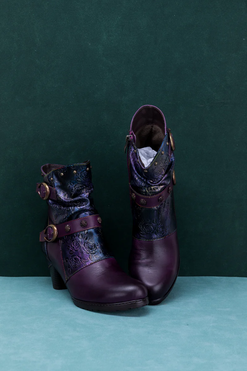 SOFFIA | FLORAL EMBOSSED BUCKLE UP LEATHER BOOTIE - PURPLE - Image 10