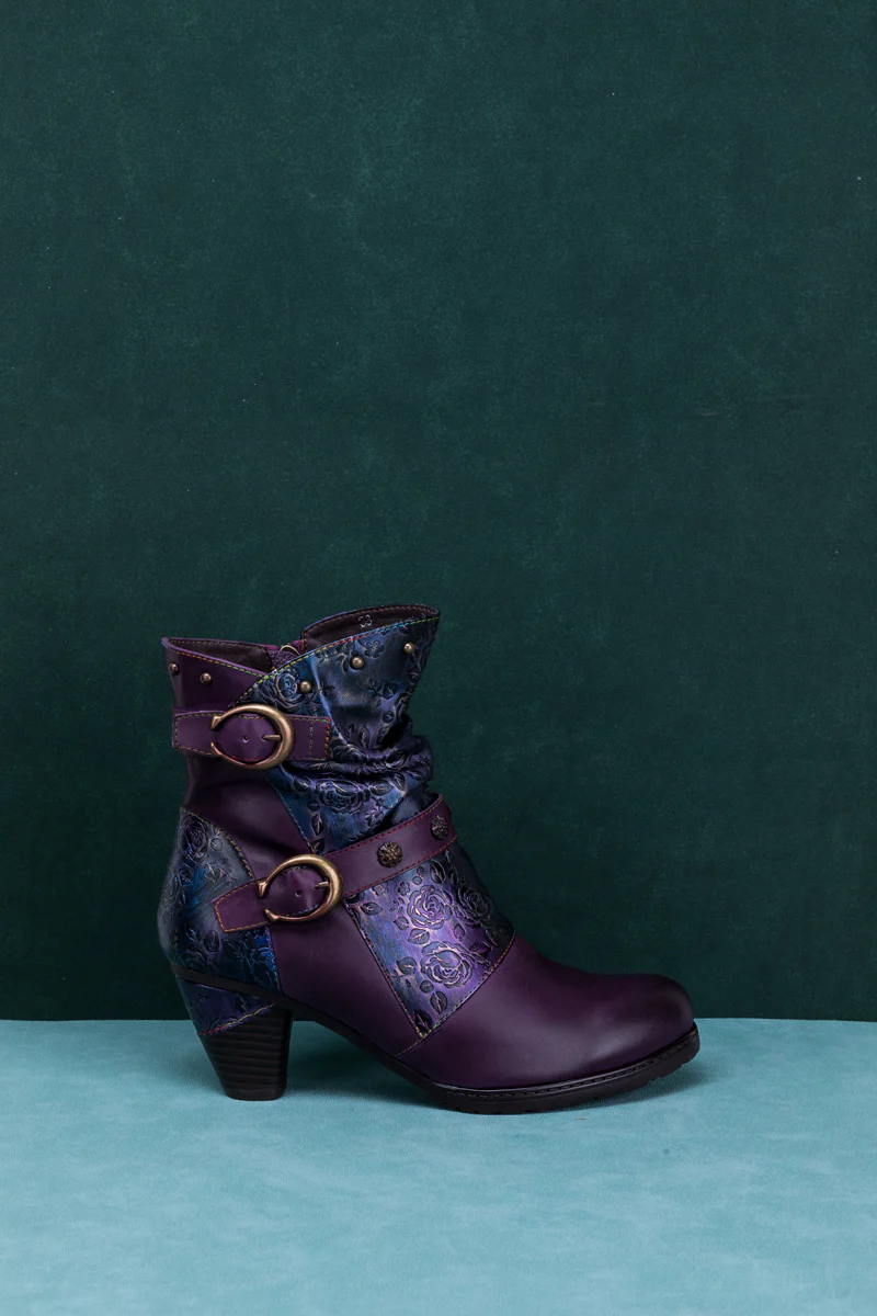 SOFFIA | FLORAL EMBOSSED BUCKLE UP LEATHER BOOTIE - PURPLE - Image 11
