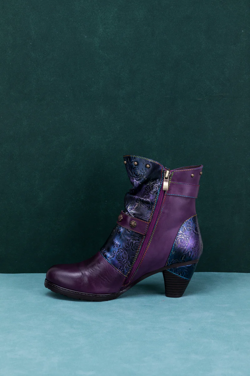 SOFFIA | FLORAL EMBOSSED BUCKLE UP LEATHER BOOTIE - PURPLE - Image 12