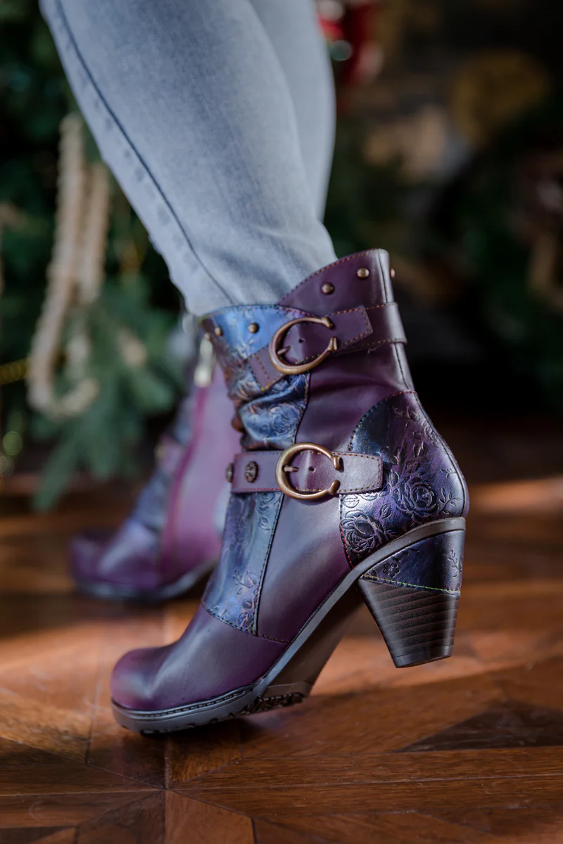 SOFFIA | FLORAL EMBOSSED BUCKLE UP LEATHER BOOTIE - PURPLE - Image 5