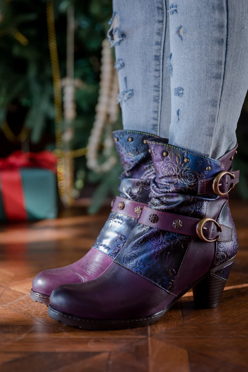 SOFFIA | FLORAL EMBOSSED BUCKLE UP LEATHER BOOTIE - PURPLE - Image 6