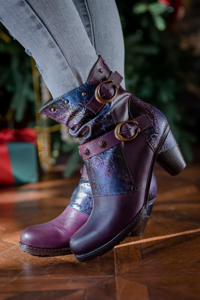 SOFFIA | FLORAL EMBOSSED BUCKLE UP LEATHER BOOTIE - PURPLE - Image 7